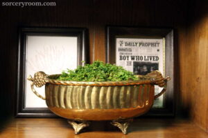 low brass vase with moss on a shelf