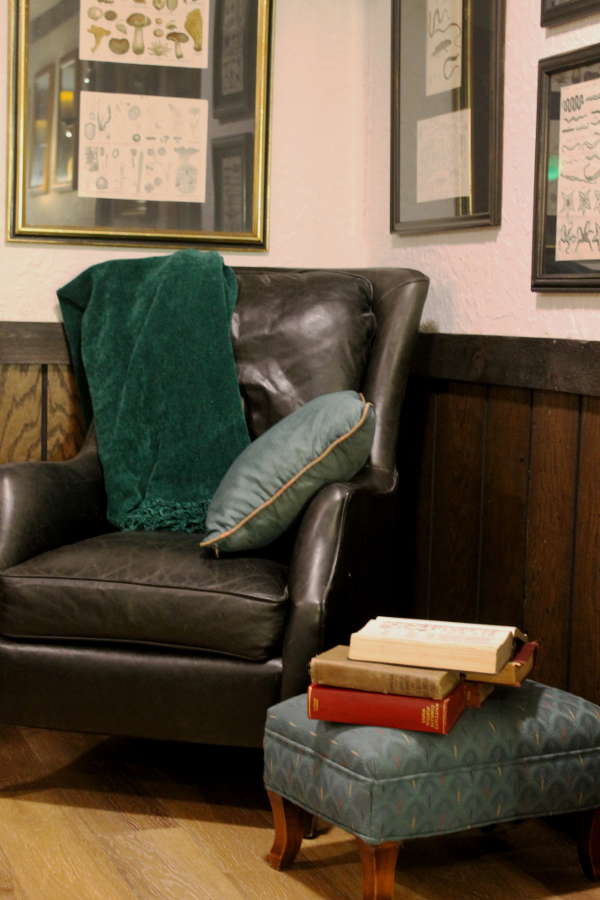 Balck leather chair with a green pillow and blanket, books and magnifying glass on a footstool, natural history prints on the wall